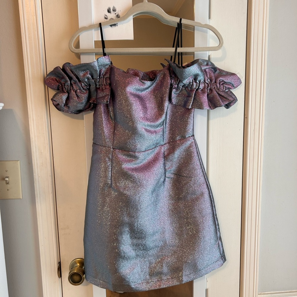 DO + BE Collection silver luminescent party dress with ruffle sleeves size small